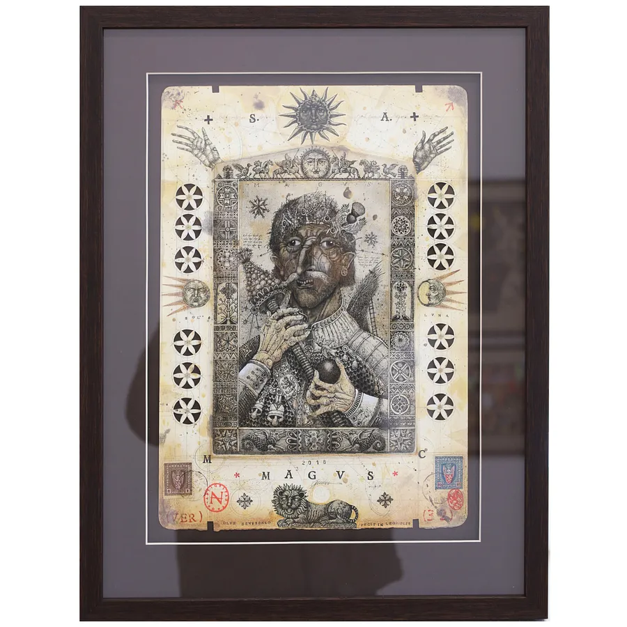 Зображення "Він щось знає" від Денисенко Олег , розмір: 39 х 27 см, матеріали: папір, офорт, аплікація, медіум: Графіка, ціна: $900