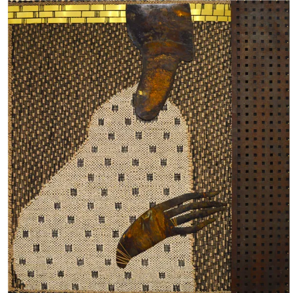 Image of "Script" by Tkachuk Yaroslava, size: 103x98 cm, made of Tapestry, hand weaving, linen yarn, brass, perforated iron, Textiles medium, part of the 2/11 series, priced at $2500