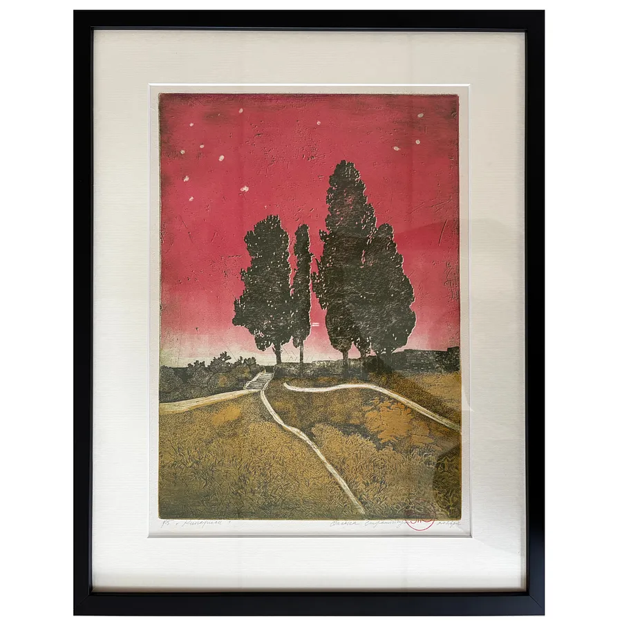 Image of Cypress trees by Stratiychuk Oksana, size: 40 х 28 см, made of etching, Graphics medium, priced at $300