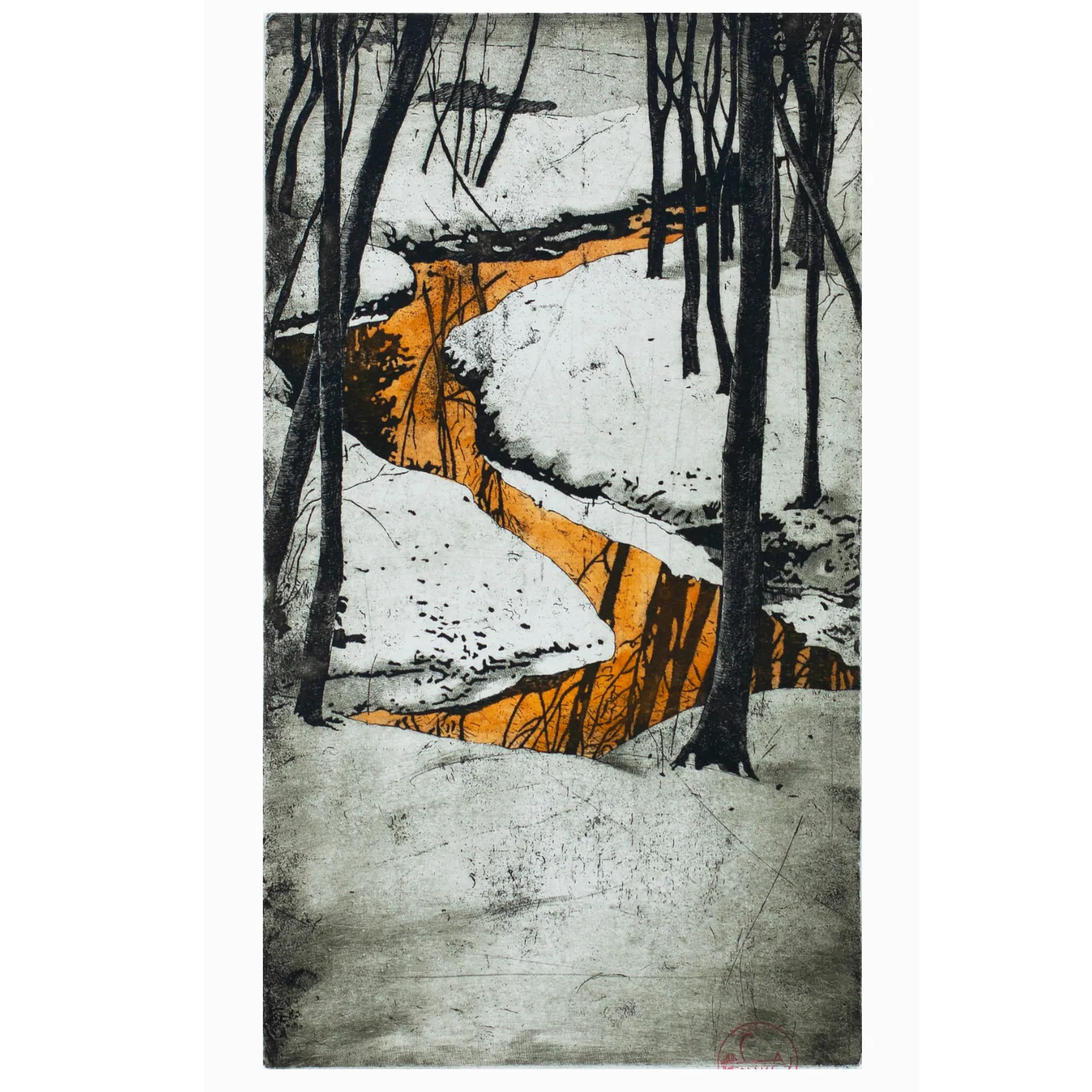 Image of golden river by Stratiychuk Oksana, size: 40 х 22 см, made of etching, watercolour, Graphics medium, priced at $300