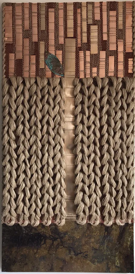 Image of Growth by Tkachuk Yaroslava, size: 50x50, made of linen, copper, bronze, oxidized brass, Textiles medium, priced at $1500