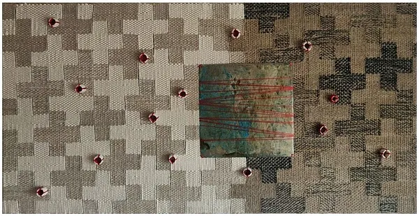 Image of "Transition" by Tkachuk Yaroslava, size: 57х110 cm, made of linen, silk, oxidized nickel silver, ceramics, Textiles medium, priced at $1500