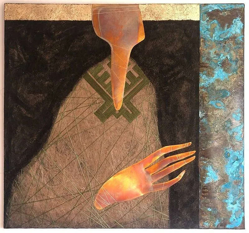 Image of "Transformation" by Tkachuk Yaroslava, size: 75x80cm, made of linen, silk, pottery, oxidized brass, Авторська техніка medium, priced at $900