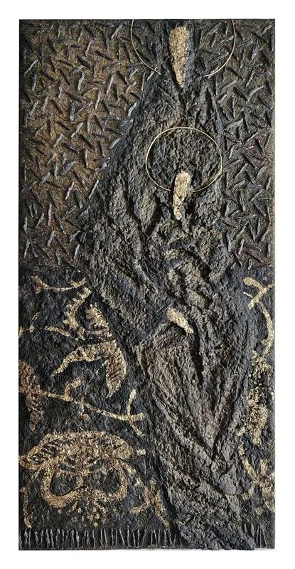 Image of "Mother of God" by Tkachuk Yaroslava, size: 50x24 cm, made of linen, recycled paper, silk, acrylic, ceramic, brass, Авторська техніка medium, priced at $250