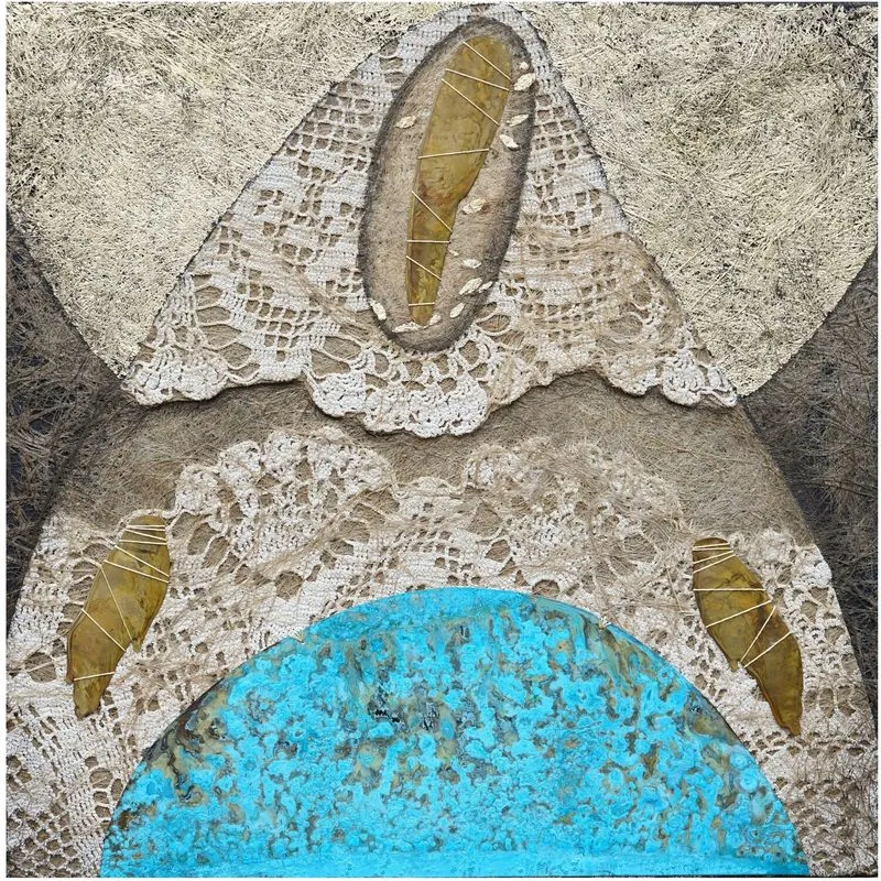 Image of "The Protection of the Most Holy Theotokos" by Tkachuk Yaroslava, size: 50x50 cm, made of fabric, metal, lace, author's technique  medium, priced at $550