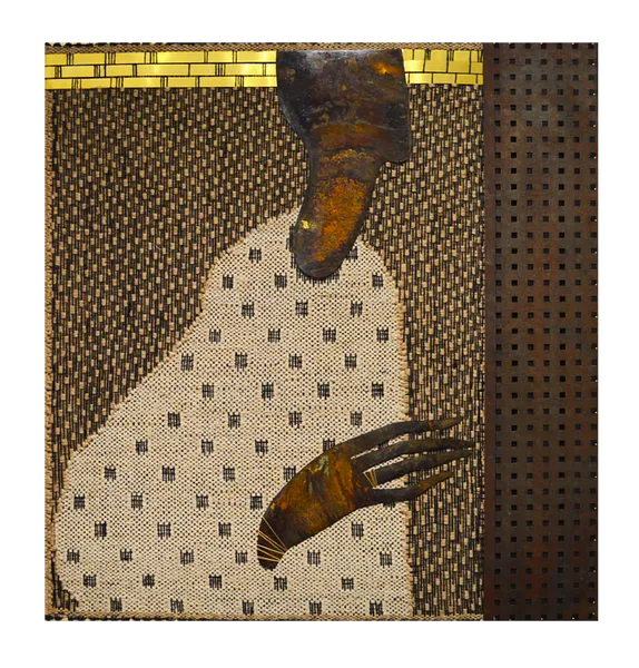 Image of "Script" by Tkachuk Yaroslava, size: 103x98 cm, made of Tapestry, hand weaving, linen, brass, perforated iron, Textiles medium, part of the 2/11 series, priced at $2500