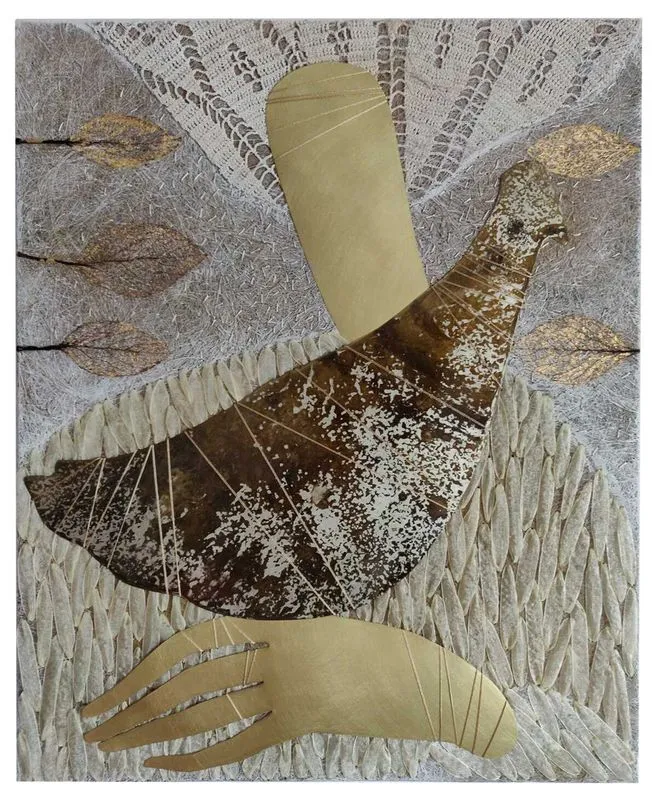 Image of "Coziness" by Tkachuk Yaroslava, size: 55x45 cm, made of linen, silk, ribbon, acrylic, oxidized German silver, brass., Textiles medium