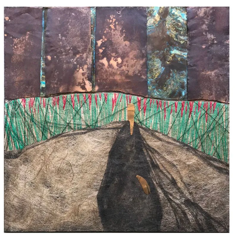 Image of "Iron Sky" by Tkachuk Yaroslava, size: 100x100 cm, made of flax fiber, silk, acrylic, iron, oxidized brass, bronze, author's technique  medium, priced at $1000