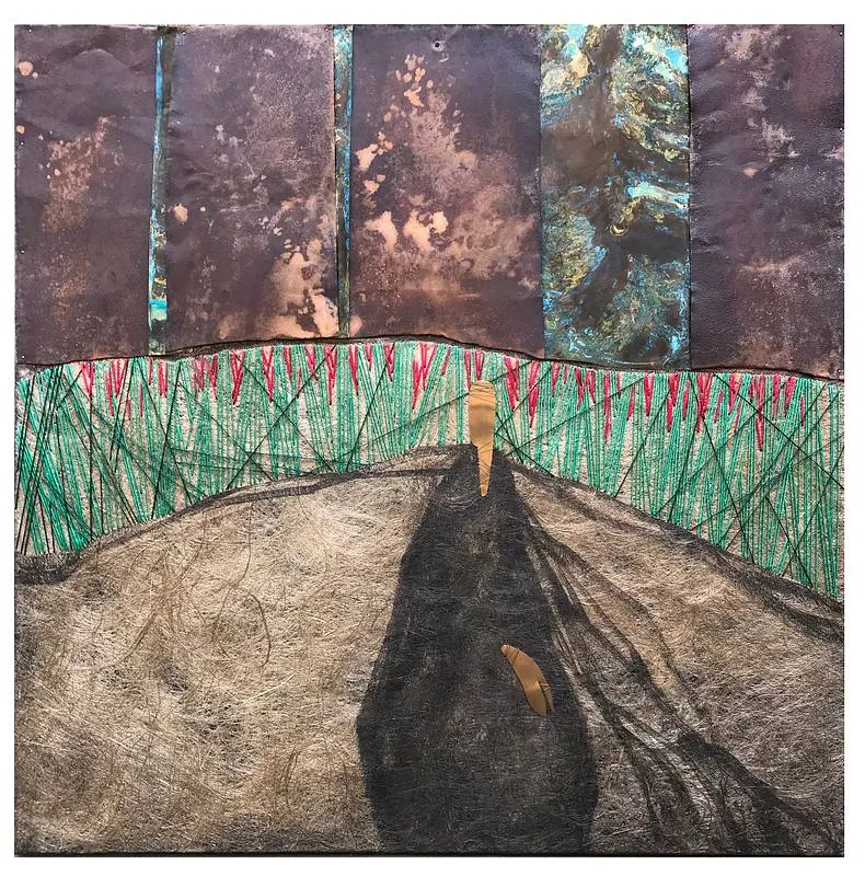 Image of "Iron Sky" by Tkachuk Yaroslava, size: 100x100 cm, made of linen, silk, acrylic, iron, oxidized brass, bronze, Textiles medium, priced at $1000