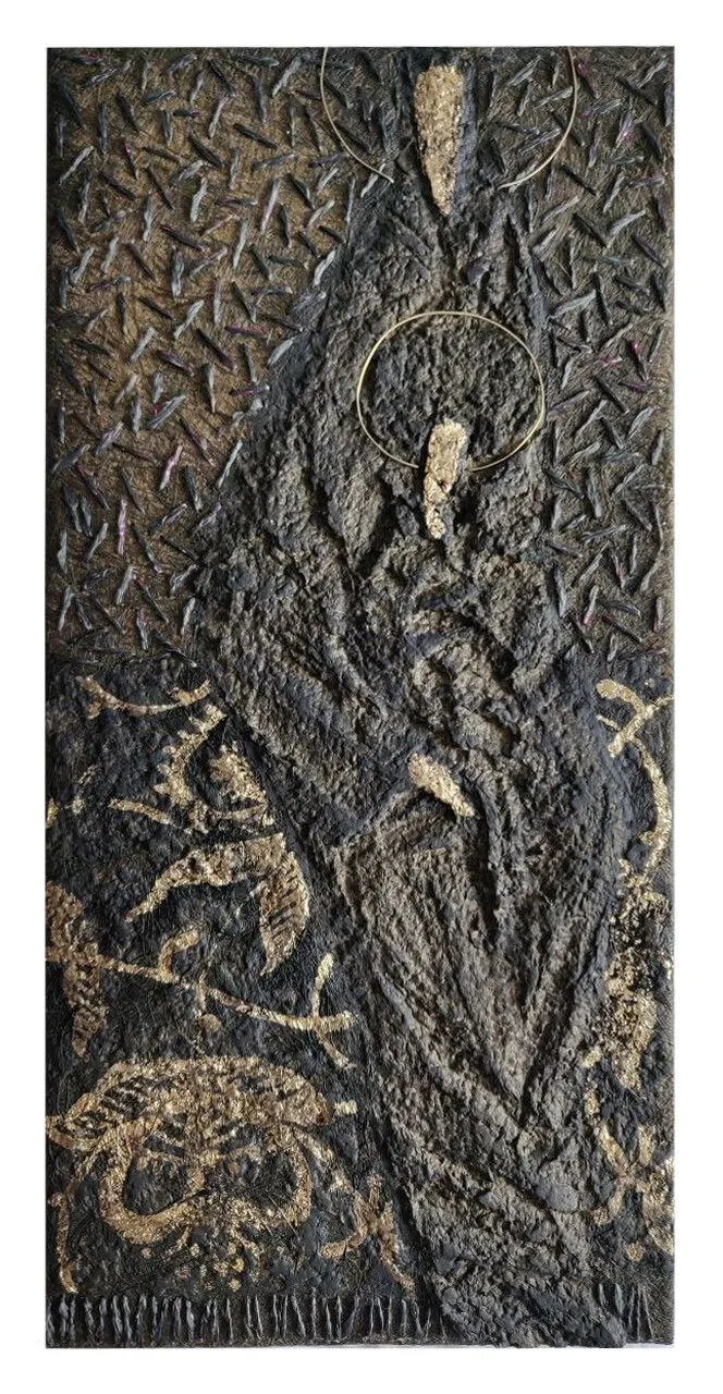 Image of «Mother of God» by Tkachuk Yaroslava, size: 50x24 cm, made of linen, recycled paper, silk, acrylic, ceramic, brass, Textiles medium, priced at $250