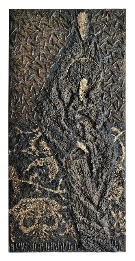 Image of «Mother of God» by Tkachuk Yaroslava, size: 50x24 cm, made of linen, recycled paper, silk, acrylic, ceramic, brass, Textiles medium, priced at $250