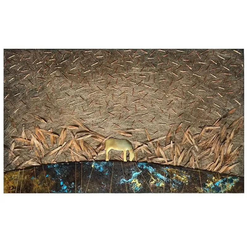 Image of On the Hill by Tkachuk Yaroslava, size: 30х50, made of linen, herbarium, brass, oxidized brass, Авторська техніка medium, priced at ₴350