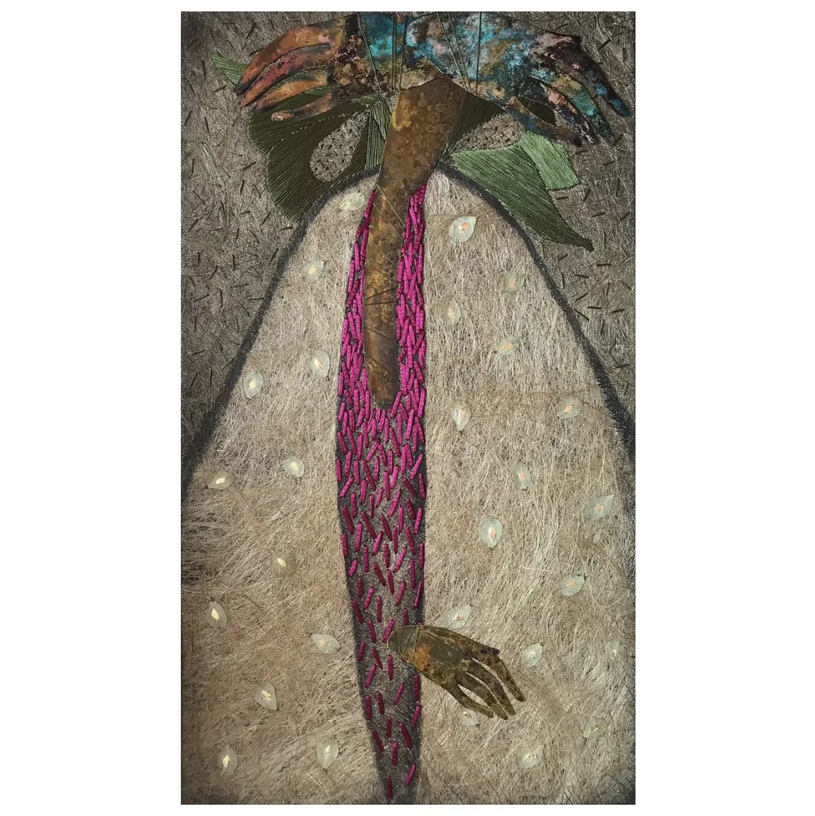 Image of "Bride II" by Tkachuk Yaroslava, size: 70х35, made of  llinen, silk, ribbon, acrylic, oxidized brass, Textiles medium, priced at $600