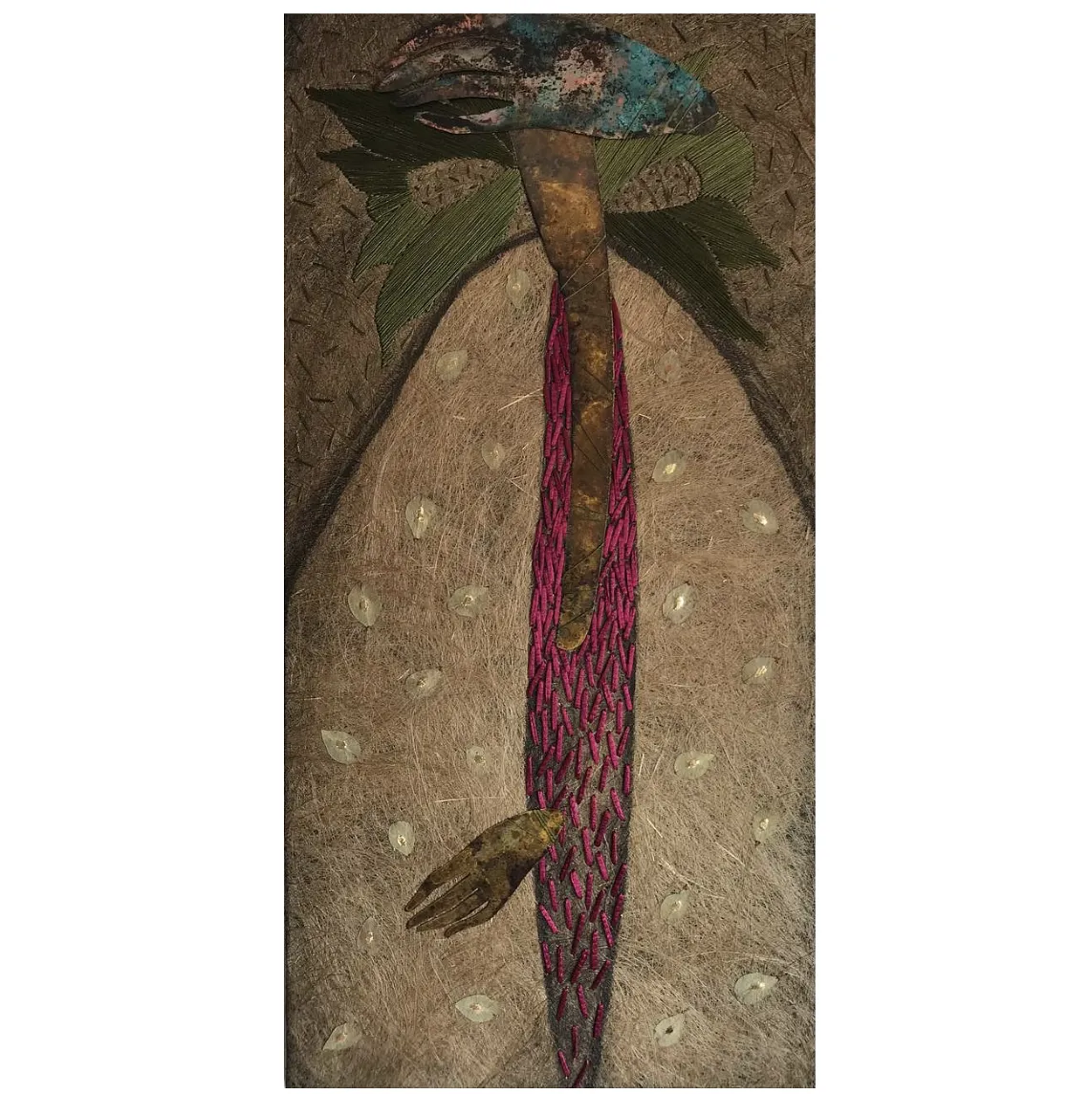 Image of Bride I by Tkachuk Yaroslava, size: 70х40, made of flax fiber, silk, ribbon, acrylic, oxidized brass, author's technique  medium, part of the 2/11 series, priced at $600