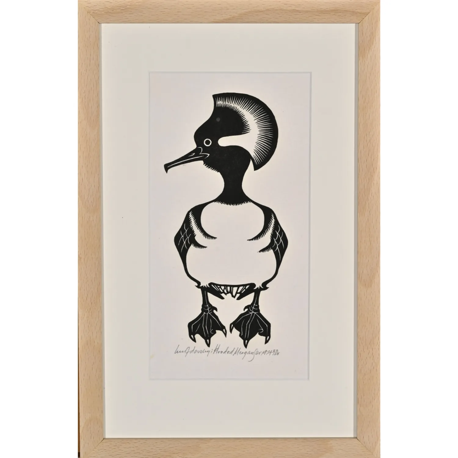 Image of Hooded Merganser by Hnizdovsky Jacques , size: 23,5х10,5 см, Woodcut medium, part of the 70/100 series, priced at $1000
